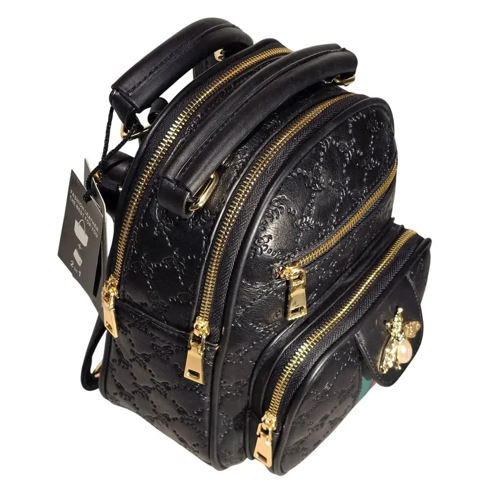 American Bee Mini Backpack Purse Vegan Faux Leather Bee Embossed Black NWT